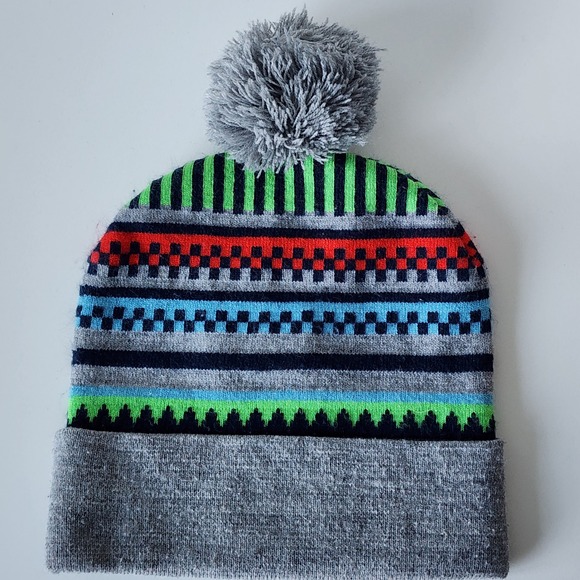 Nintendo Super Mario Beanie Hat Mens OS Gray Striped Pom Pom Knit Winter Cap - Picture 4 of 10